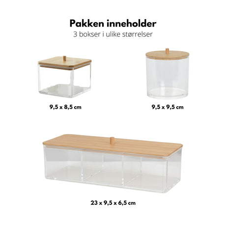 Transparent baderomsoppbevaring med bambuslokk som holder innholdet støvfritt