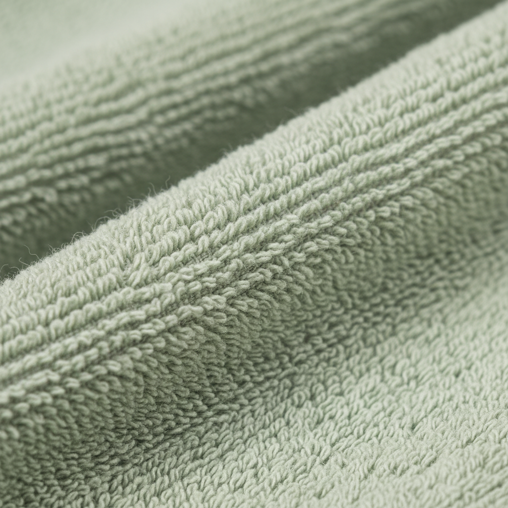 Friskt grønt badehåndkle hengende i moderne baderom