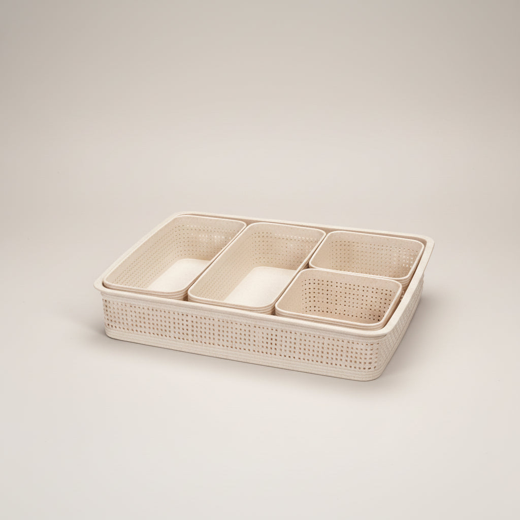 Kurvsett sand vevd PP 5 størrelser - oppbevaring til stue og bad