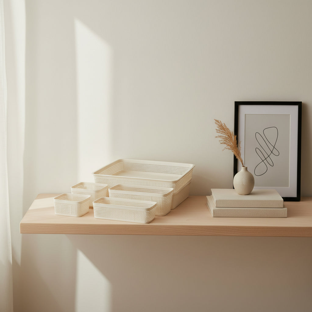 Kurvsett vevd sand PP - 5 størrelser til håndklær og kosmetikk