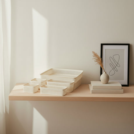 Kurvsett vevd sand PP - 5 størrelser til håndklær og kosmetikk