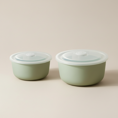 2-pack porselenskål med lokk grønn - praktisk oppbevaring til rester og snacks