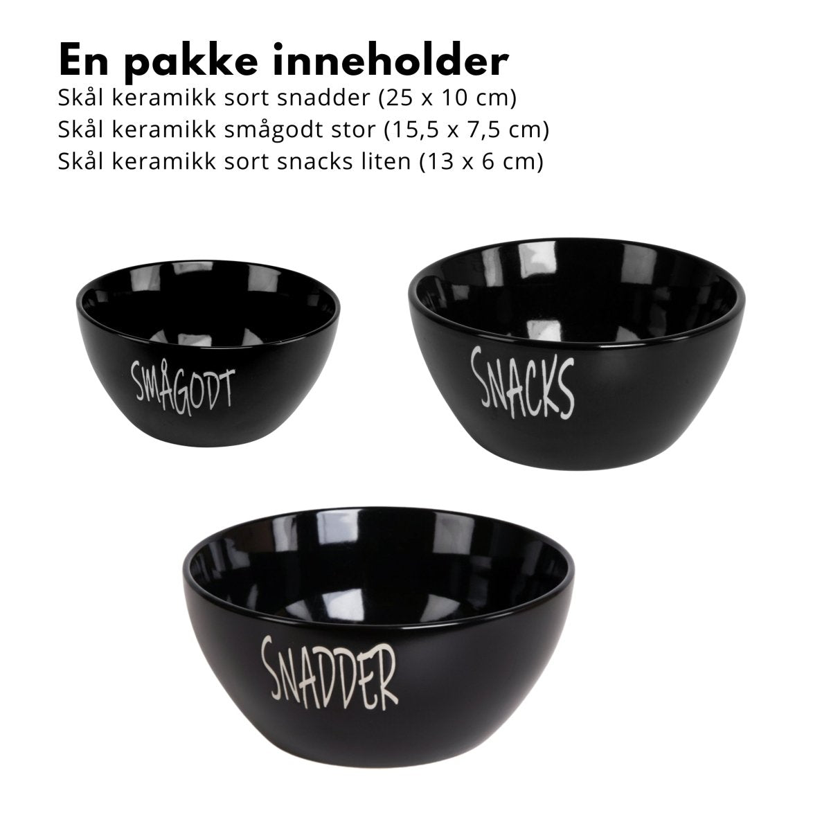 3 - pk Skålsett keramikk sort til godis - Lindas Dekor
