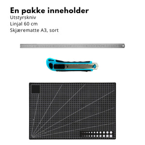 Skæremåtte A3 30x45 cm, sort linjal i rustfrit stål, værktøjskniv og værktøjsæt