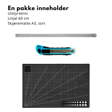 Skjærematte A3 30x45 cm sort linjal rustfritt stål utstyrskniv verktøypakke