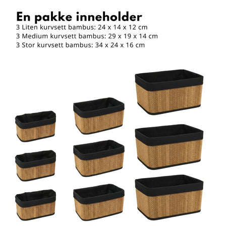 9 - pk Kurvsett bambus med sort lin - Lindas Dekor