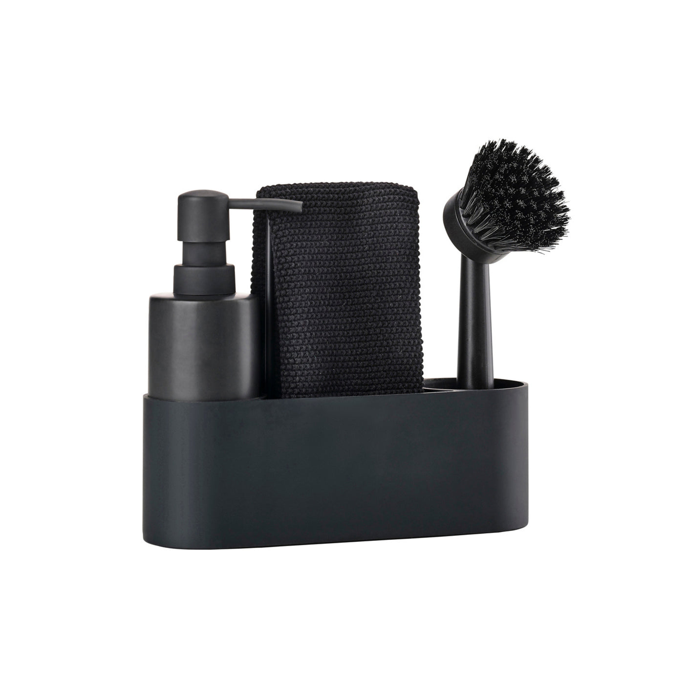 Zone Denmark Singles oppvasksett sort med keramisk dispenser, børste og klut isolert på hvit bakgrunn