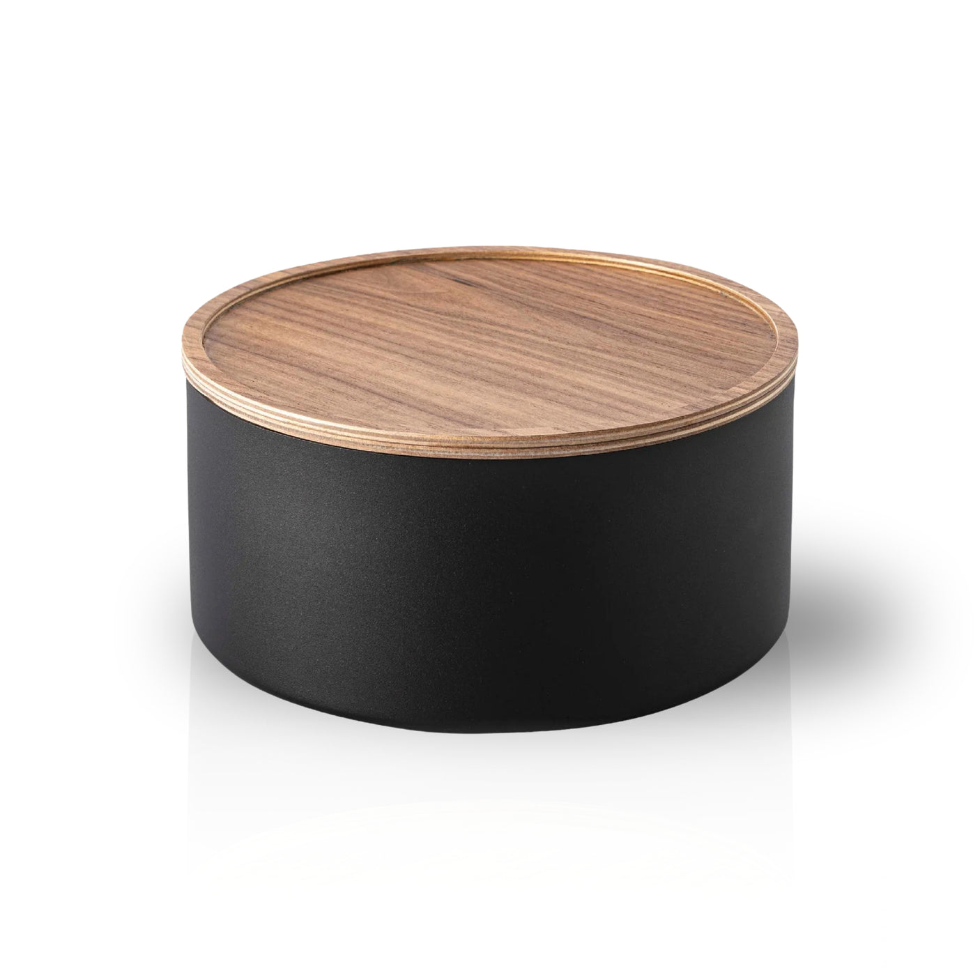 Sort oppbevaringsboks med teksturert matt finish og lokk i kryssfiner