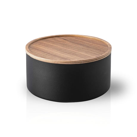 Sort oppbevaringsboks med teksturert matt finish og lokk i kryssfiner