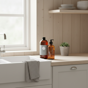 oppvasksåpe refill i brun flaske med grønn etikett