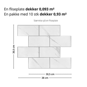 Illustrasjon av størrelse og dekkevne for Stein marmor veggfliser – 30,5 x 38 cm.