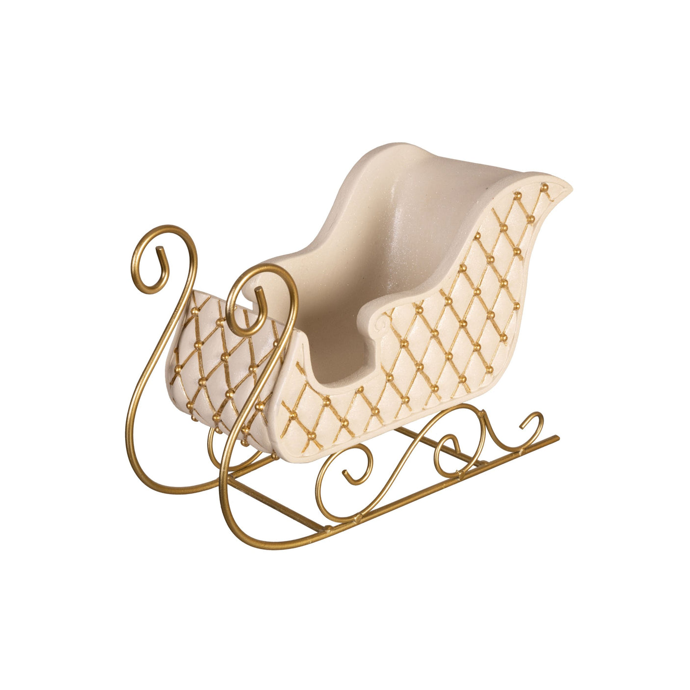 Slede i hvitt med gullrutemønster og metallmeder, 30x13x20 cm – dekorativ julefigur til innendørs bruk.