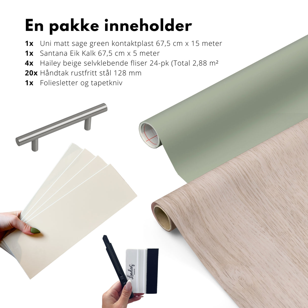 komplett kjøkkenkit til billig oppussing av kjøkken til grønne skap, lys eik benkeplate og beige fliser ala Halvor Bakke-stil på Eventyrlig oppussing