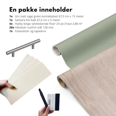 komplett kjøkkenkit til billig oppussing av kjøkken til grønne skap, lys eik benkeplate og beige fliser ala Halvor Bakke-stil på Eventyrlig oppussing
