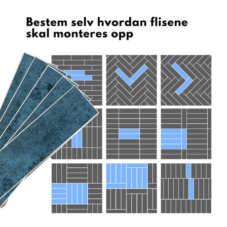Velg selv hvordan Louise Gloss Blå fliser monteres – inspirasjon til ulike mønstre som fiskeben, murstein og kvadrater.