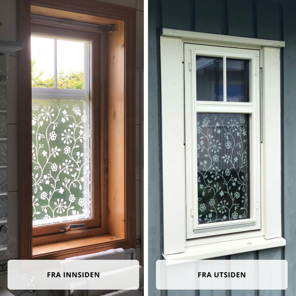 Sammenligning av blomstret vindusfolie sett fra innsiden og utsiden av boligen.