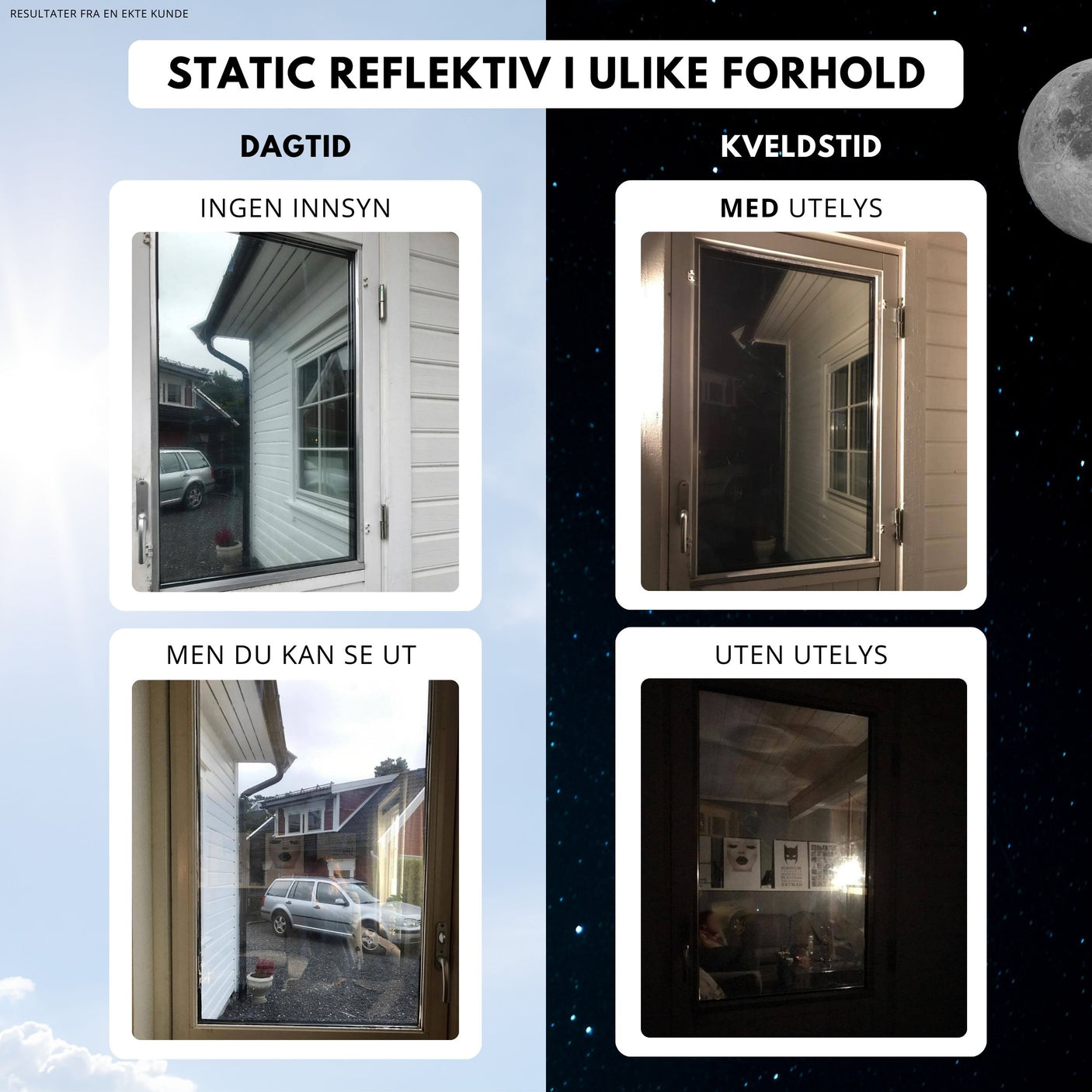 Glassdør med solskjermende speilfolie som reflekterer lys og skjermer boligen.