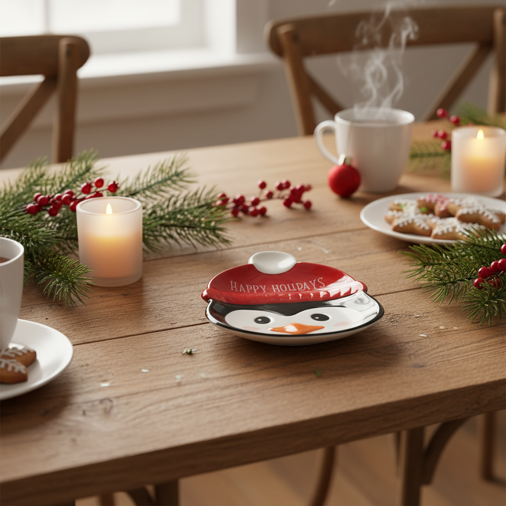 juletallerken formet som pingvin i rød lue