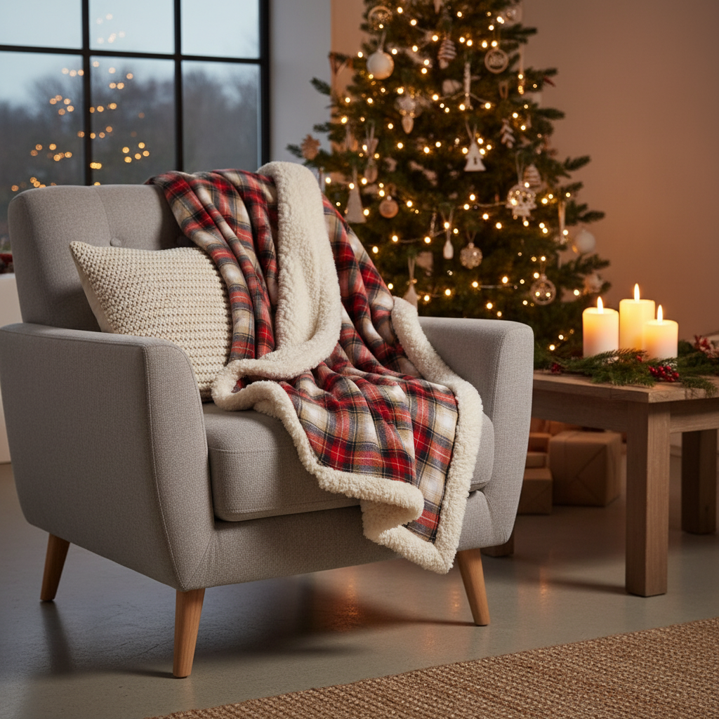 Pledd rutet rød God Jul sherpa