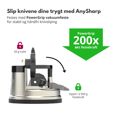 PowerGrip vakuumfeste på AnySharp knivsliper som låser sliperen til benkeplaten