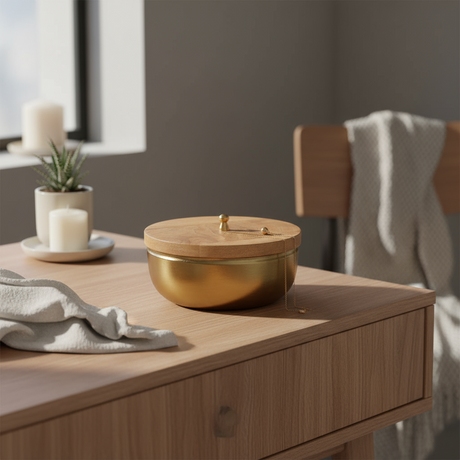 rund gullskål med lokk i naturtre