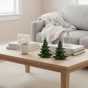 2-pk juletre med snø 16 cm, komplett sett for julelandskap