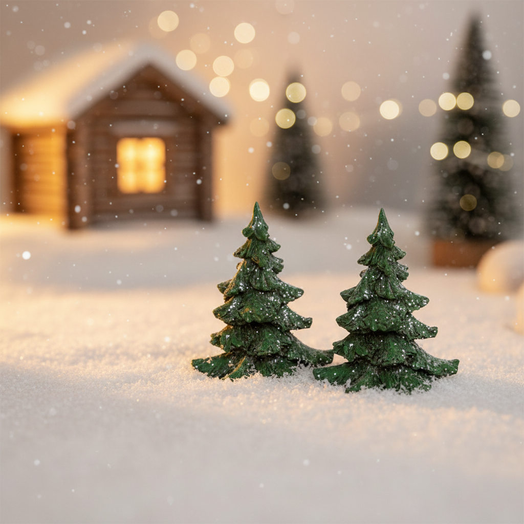 Kompakt juletre med snøeffekt, grønt med hvite detaljer som glitrer