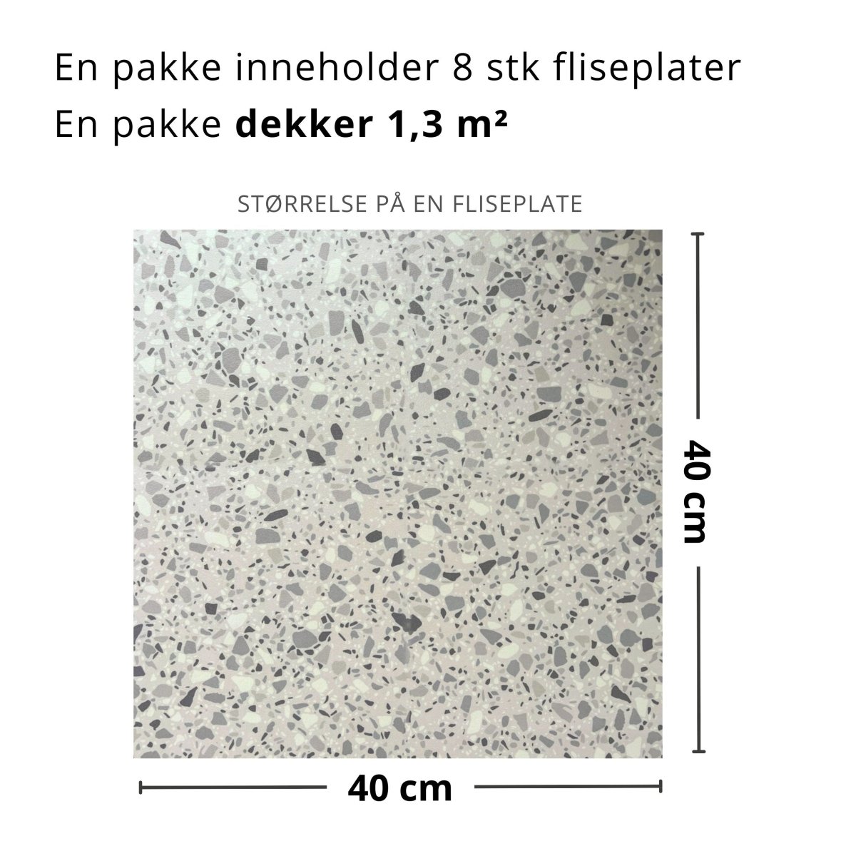 Nærbillede af London-terrazzo selvklæbende fliser med beige og grå terrazzo-mønster