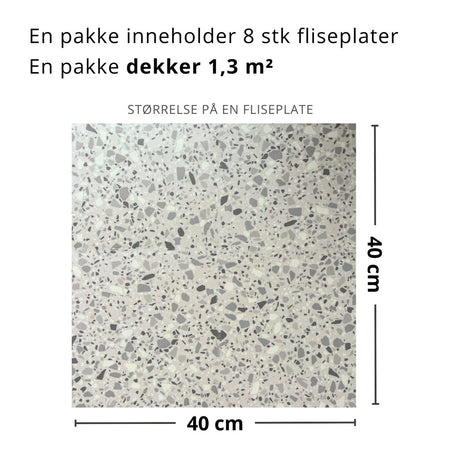 Närbild av London terrazzo självklebande fliser med beige och grå terrazzo-mönster