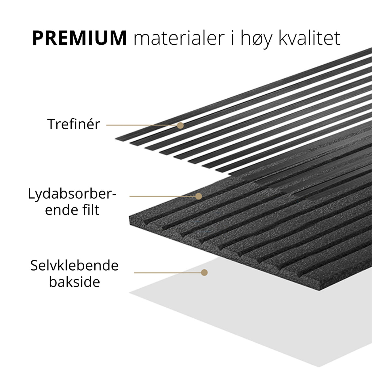 Oppbygning av spileplate i mørk eik – trefinér, lydabsorberende filt og selvklebende bakside i premium kvalitet