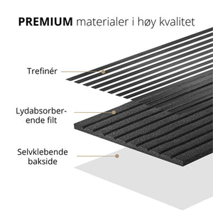 Oppbygning av spileplate i mørk eik – trefinér, lydabsorberende filt og selvklebende bakside i premium kvalitet