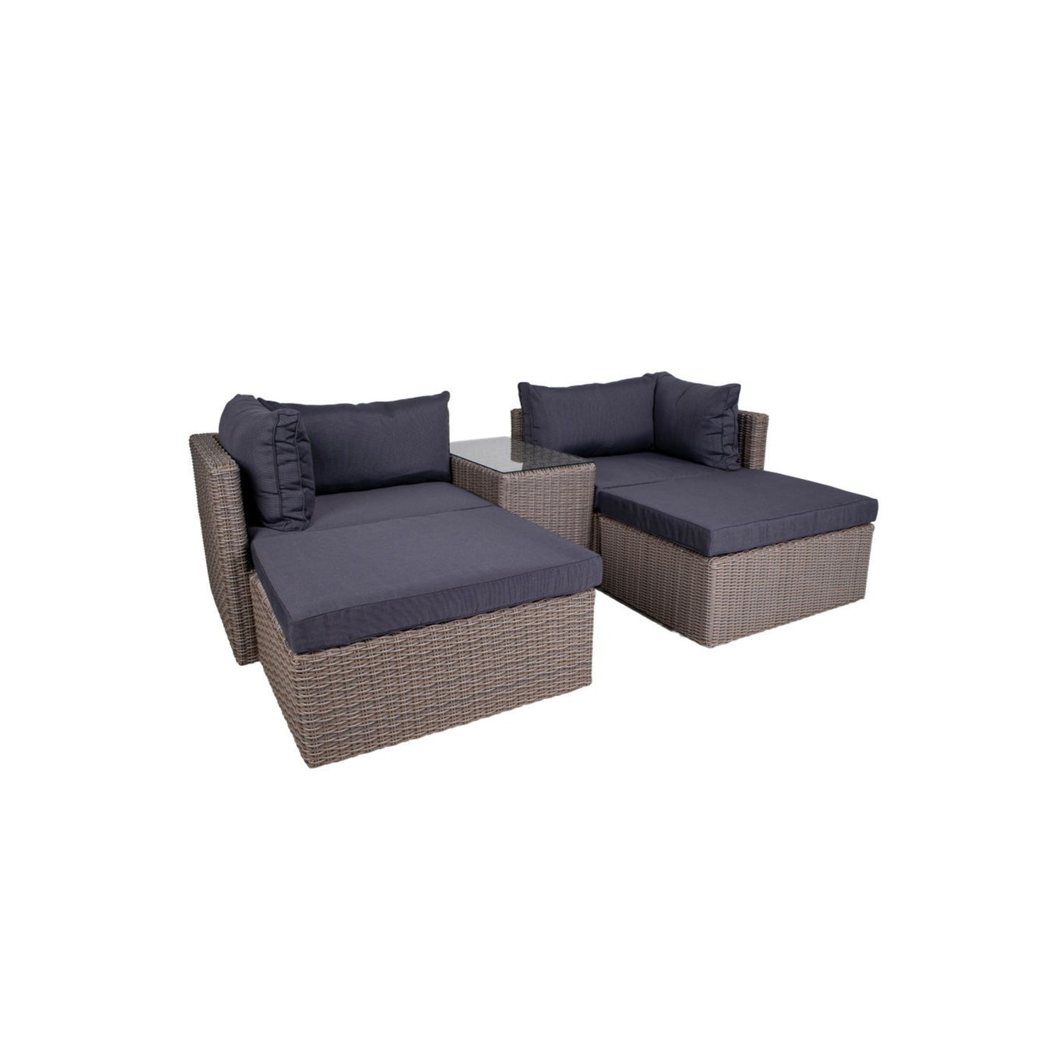 Rossi loungesett i kubu grå polyrattan med mørke puter og bord