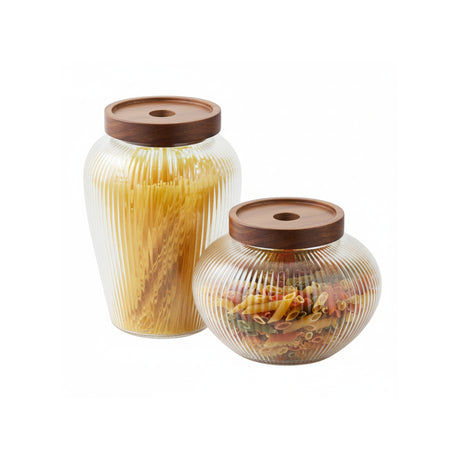 Maya oppbevaringsglass 2 pk i klart glass med lokk i akasietre