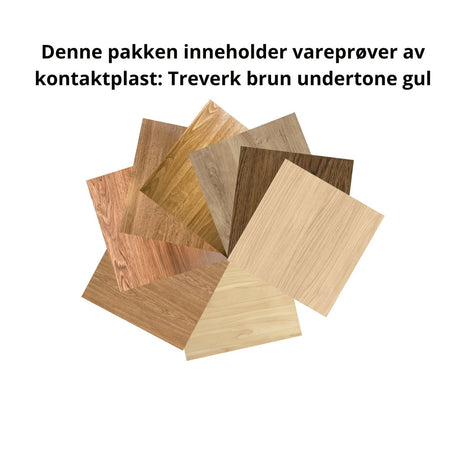 Vareprøvepakke av kontaktplast i brunt med gule toner. 