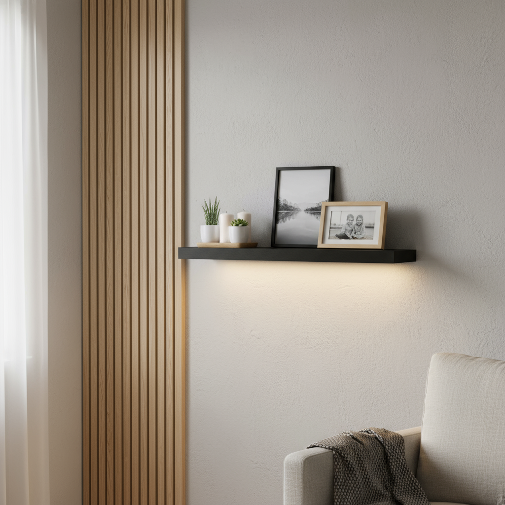 Hylla med LED-ljus svart