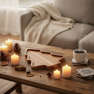 Juletrefat i tre med småkaker og frukt til jul