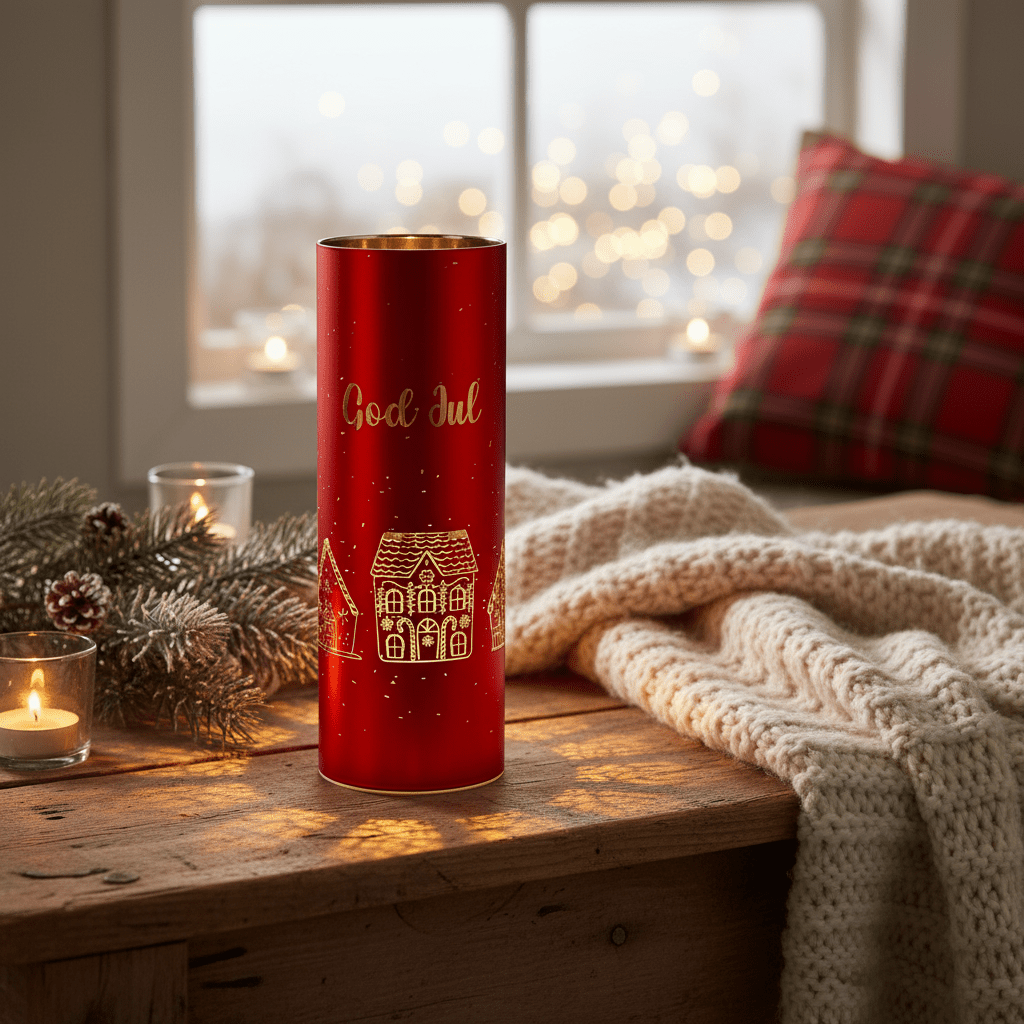 Lyslykt LED Glædelig Jul rød 9 x 25 cm - Lindas Dekor