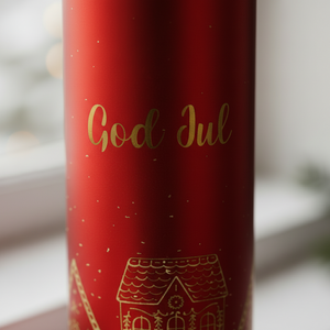 Lyslykt i metall med varme LED-lys og julemotiv av pepperkakehus