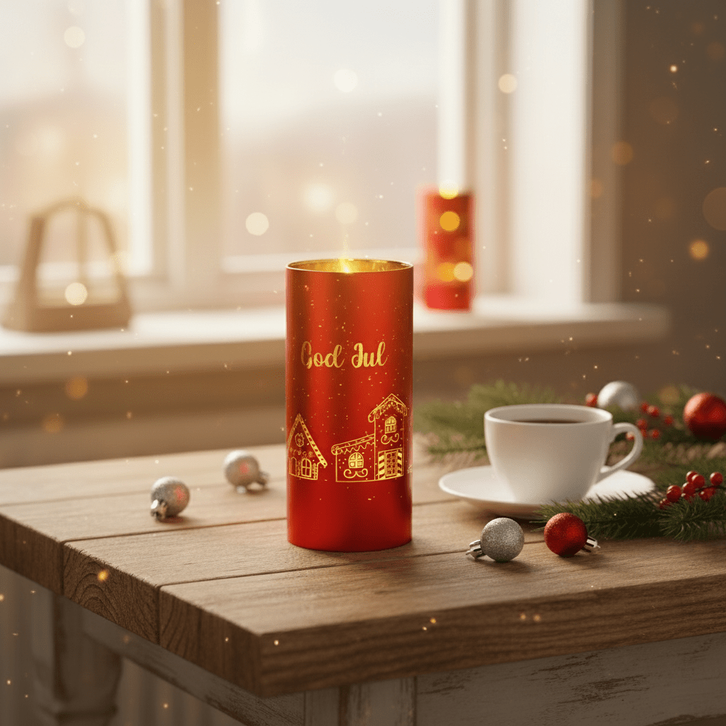 LED lyslygte God jul rød 7 x 15 cm - Lindas Dekor