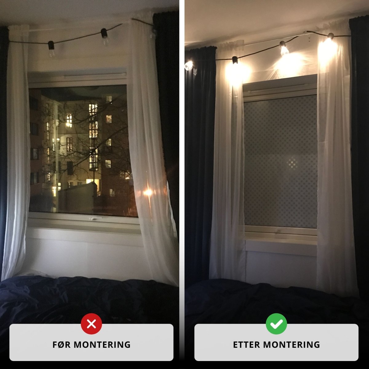 Sammenligning før og etter montering av mønstret vindusfilm for innsynsskjerming.

