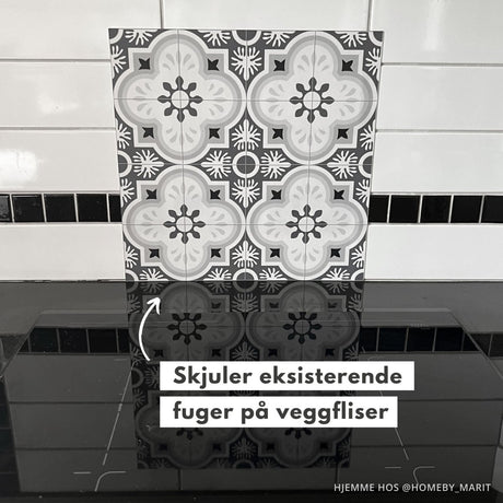 Copenhagen fliser montert som backsplash i lyst kjøkken