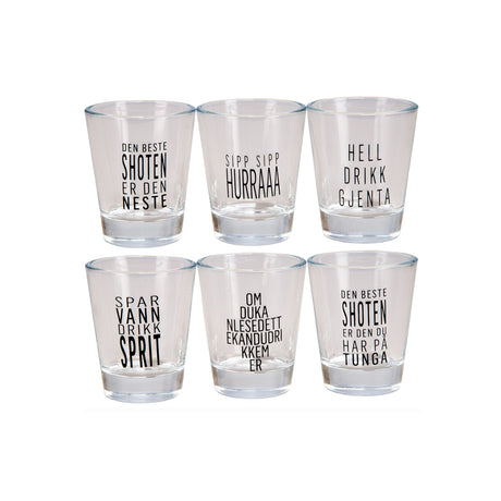 Sett med shotglass med morsomme norske sitater – humoristiske drikkeglass til fest.