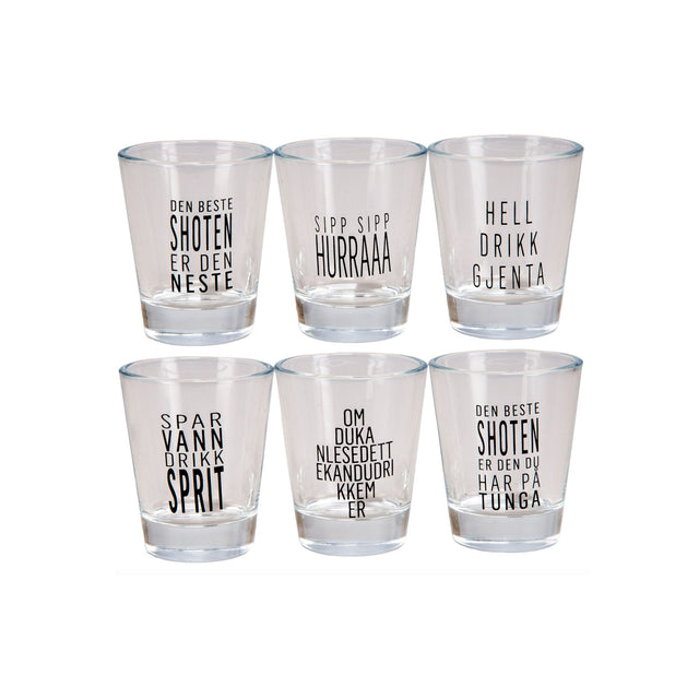 Sett med shotglass med morsomme norske sitater – humoristiske drikkeglass til fest.