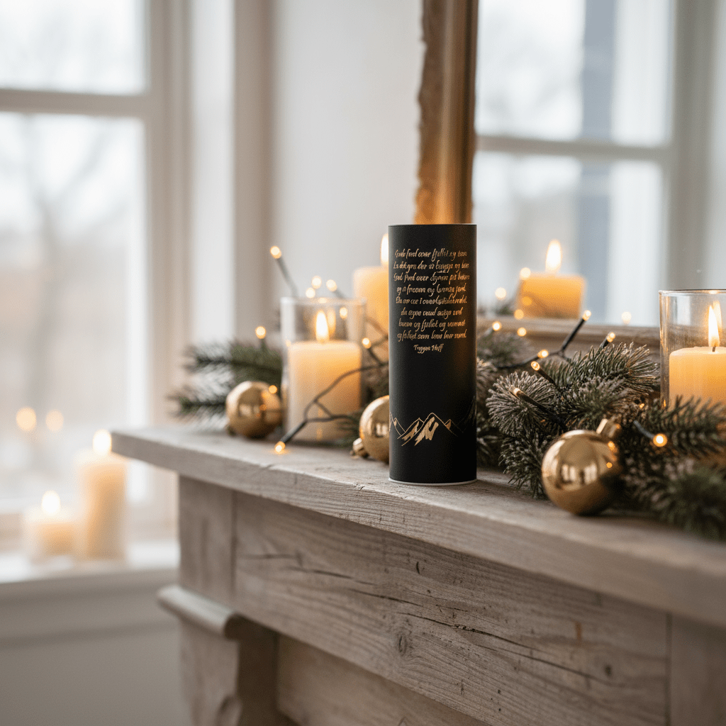 Høj sort lyslygte med guldtekst og indbyggede LED-lys til jul og julelys