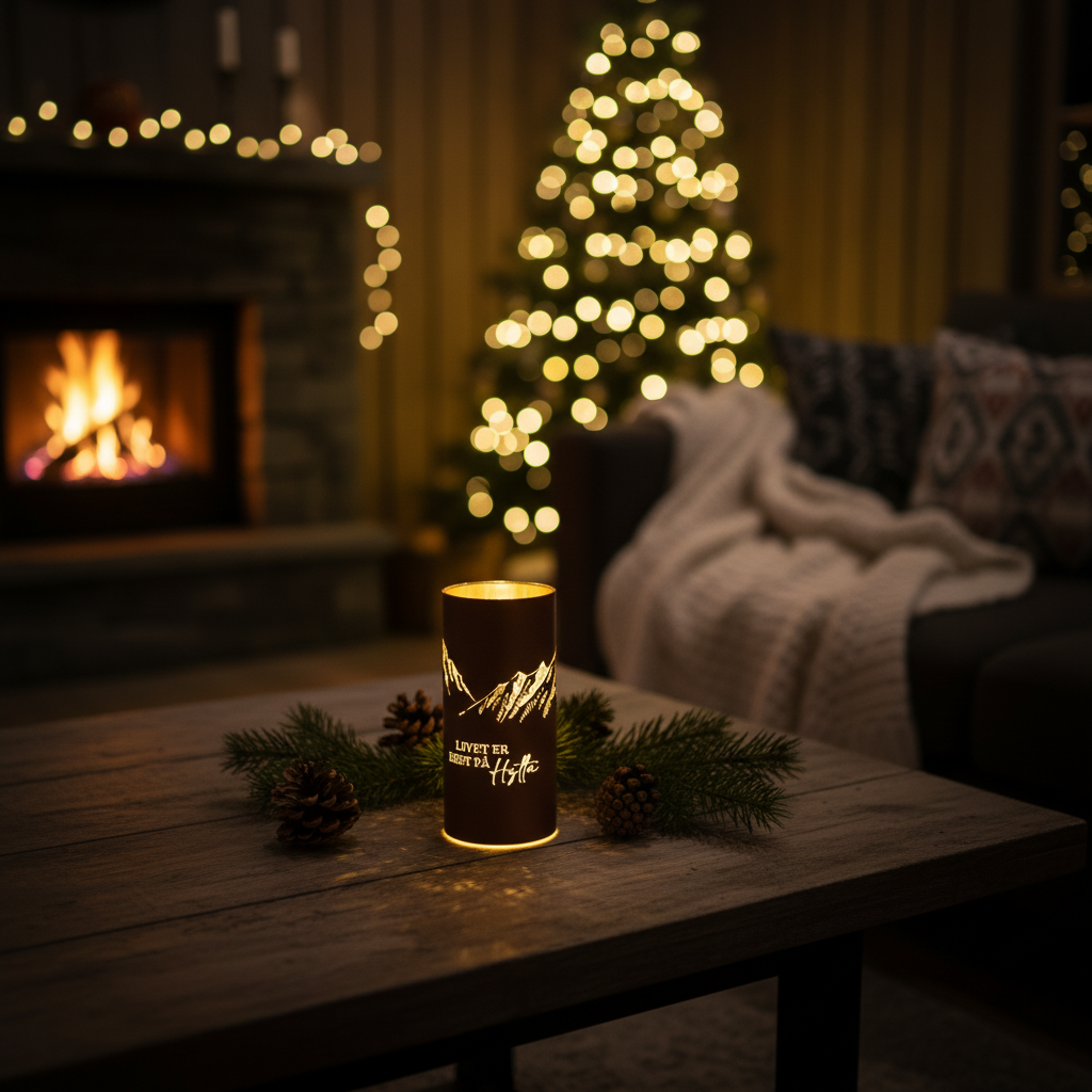 Metalllykt i brun farge med varmt gyllent lys