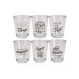 Shotglass med norske sitater – 6-pakning humoristiske drikkeglass med tekst som Terapi, Fest, Venninner og Sprit