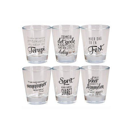 Shotglass med norske sitater – 6-pakning humoristiske drikkeglass med tekst som Terapi, Fest, Venninner og Sprit