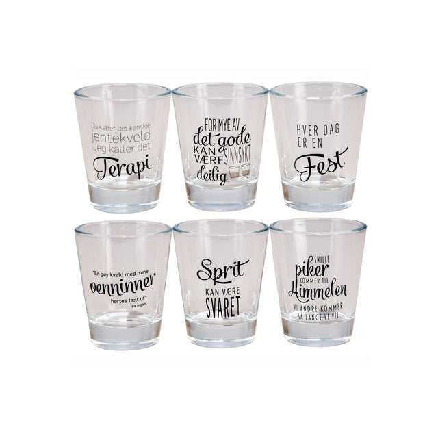 Shotglass med norske sitater – 6-pakning humoristiske drikkeglass med tekst som Terapi, Fest, Venninner og Sprit