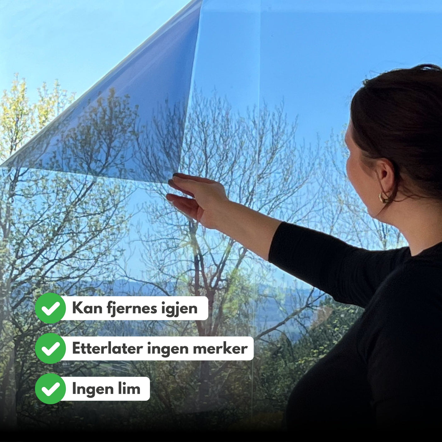 Statisk vindusfolie montert uten lim, med enkel og merkeløs montering.