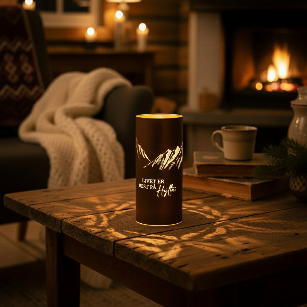 Brun LED-lykt med teksten Livet på hytta og fjellmotiv i metall
